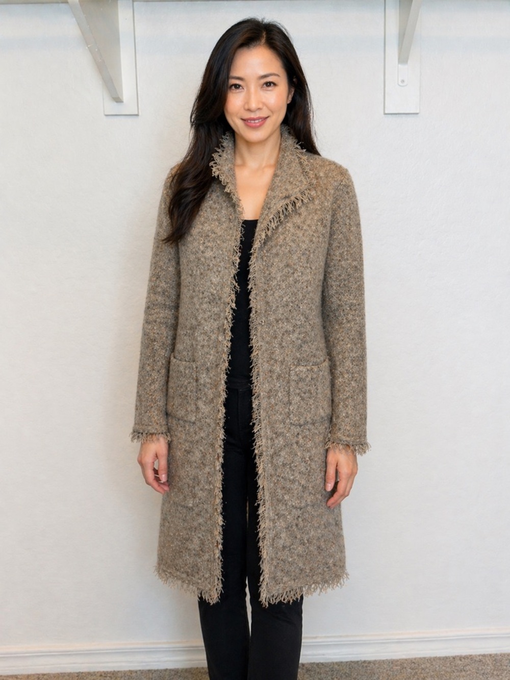 Max Studio Taupe Fringe Open-Front Cardigan